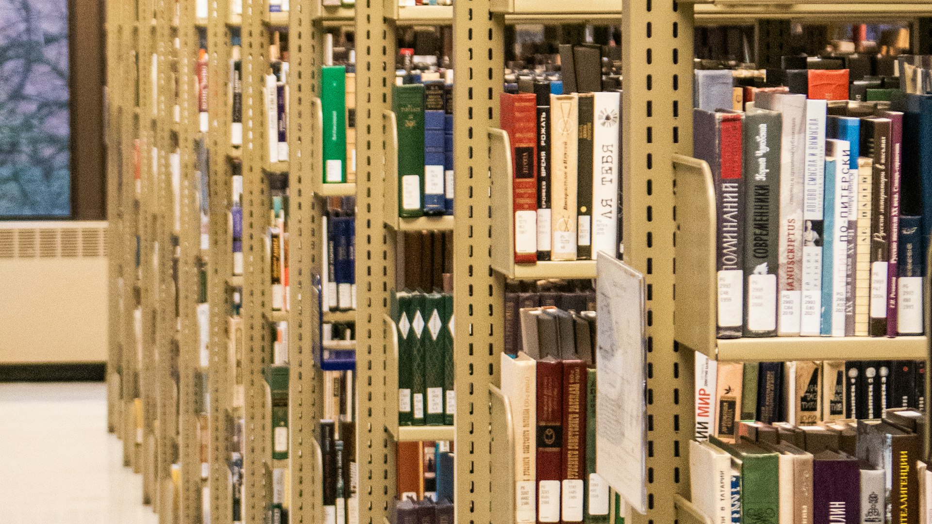 Largos pasillos entre altas estanterías de biblioteca — metáfora visual de organización por convención de nombres